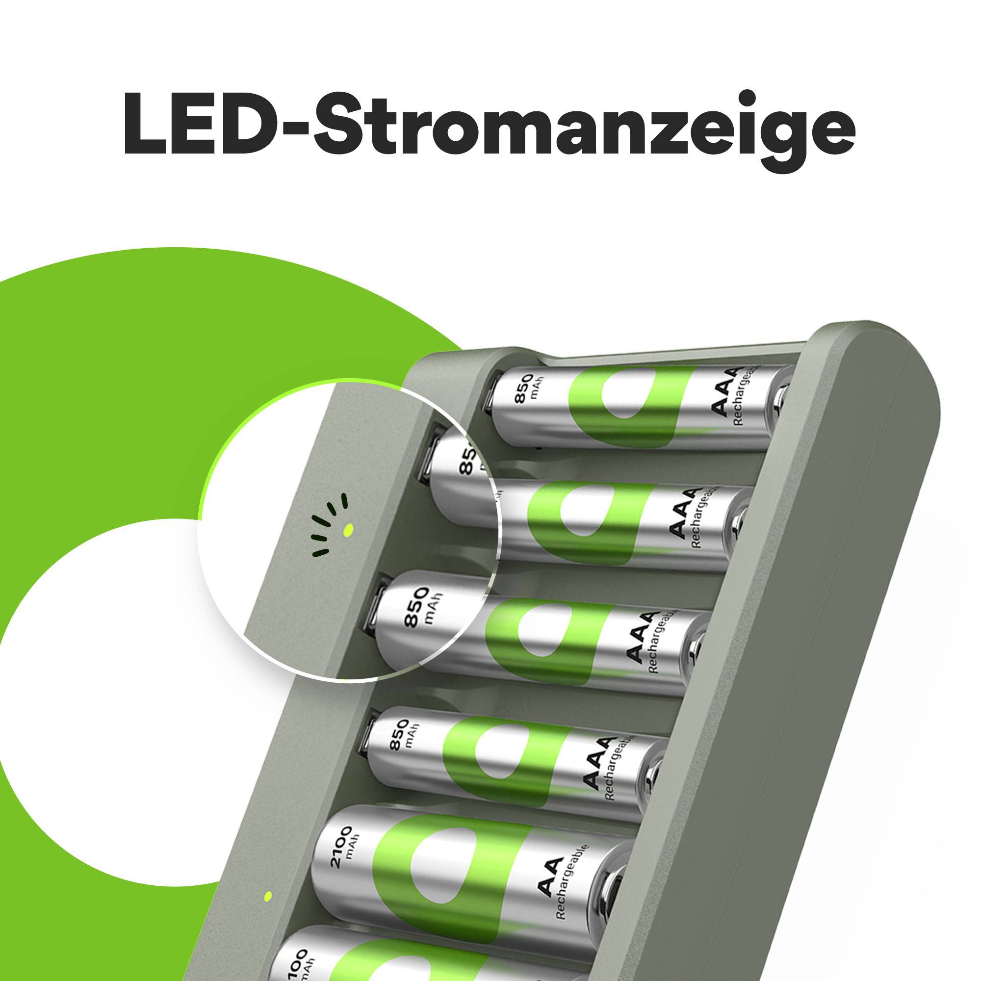 Un compartiment à piles avec quatre piles AA est montré. Une loupe est focalisée sur un voyant LED qui indique le niveau de charge.