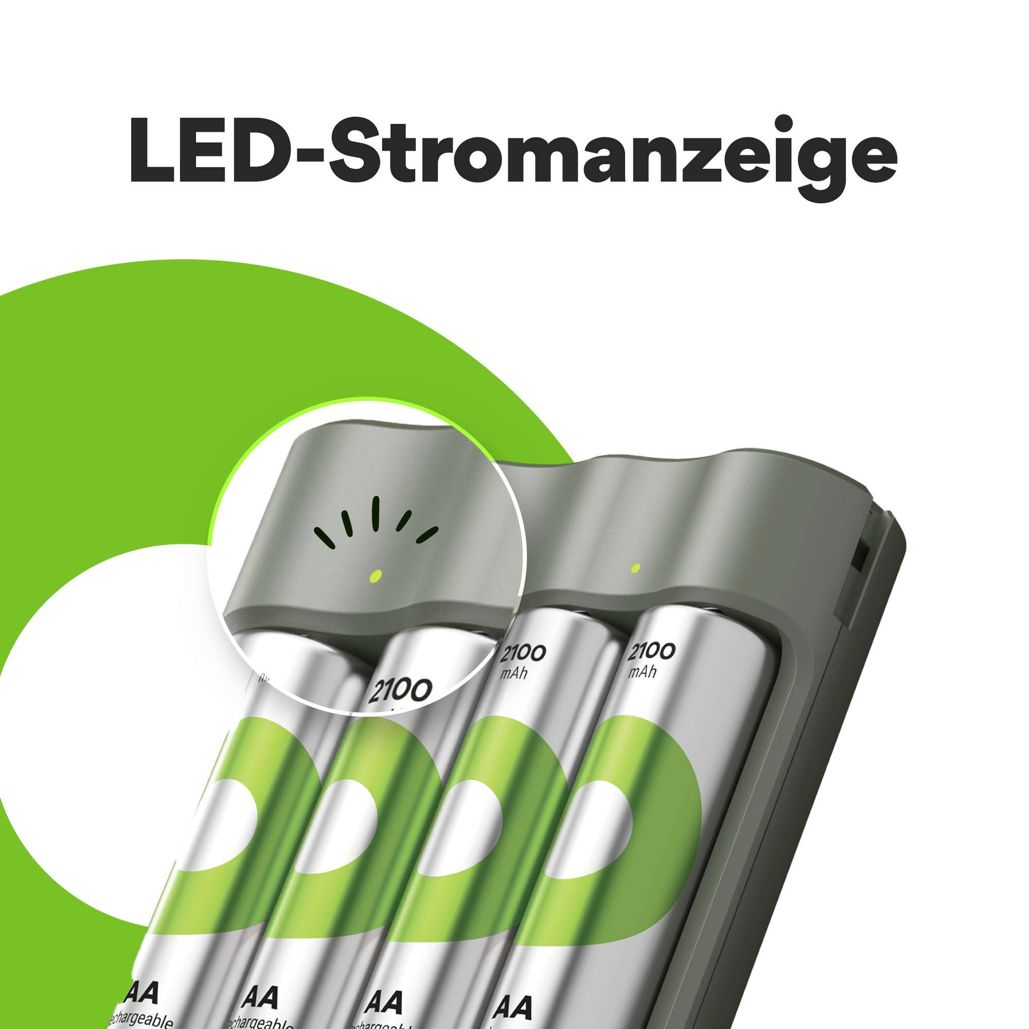 Chargeur de batterie indique avec un voyant LED vert que les piles AA sont complètement chargées. En haut, il est écrit 'Indicateur lumineux d'alimentation'.