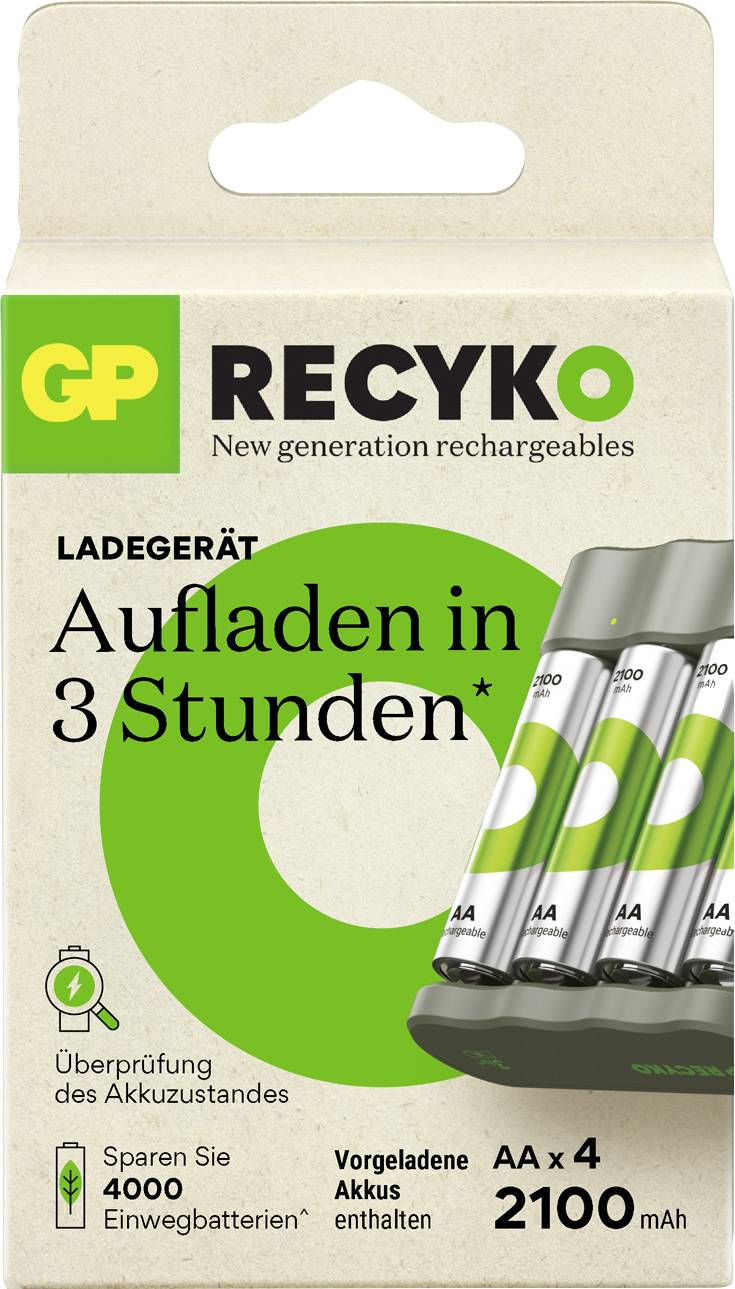 Emballage d'un chargeur GP Recyko AA avec quatre piles rechargeables incluses. Indication d'un temps de charge de 3 heures et de l'économie de 4000 piles jetables.