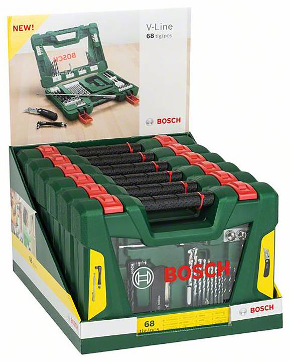Bosch V-Line - Ensemble d'outils 68 pièces. Coffret vert contenant des outils et accessoires en boîte de présentation. Le set comprend des forets et des embouts.
