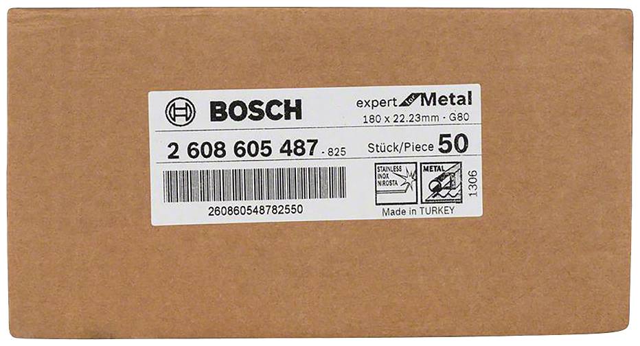 Boîte en carton avec une étiquette de marque 'Bosch'. Contient 50 pièces, fabriquées en Turquie, adaptées pour l'usinage des métaux.