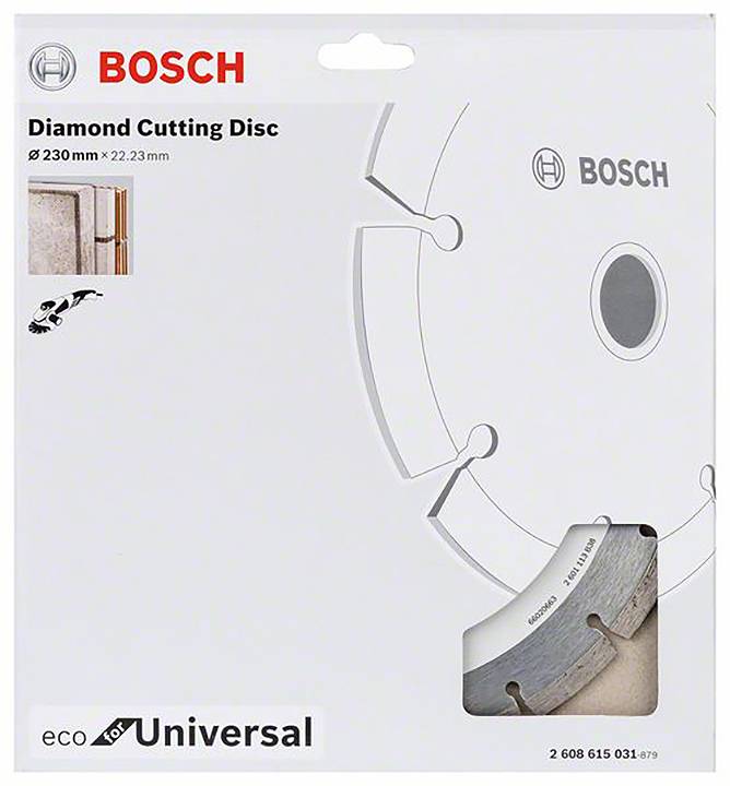 Emballage d'un disque à tronçonner diamanté Bosch, Ø 230 mm, pour travaux de construction généraux. Le logo de la marque et les informations du produit sont visibles.