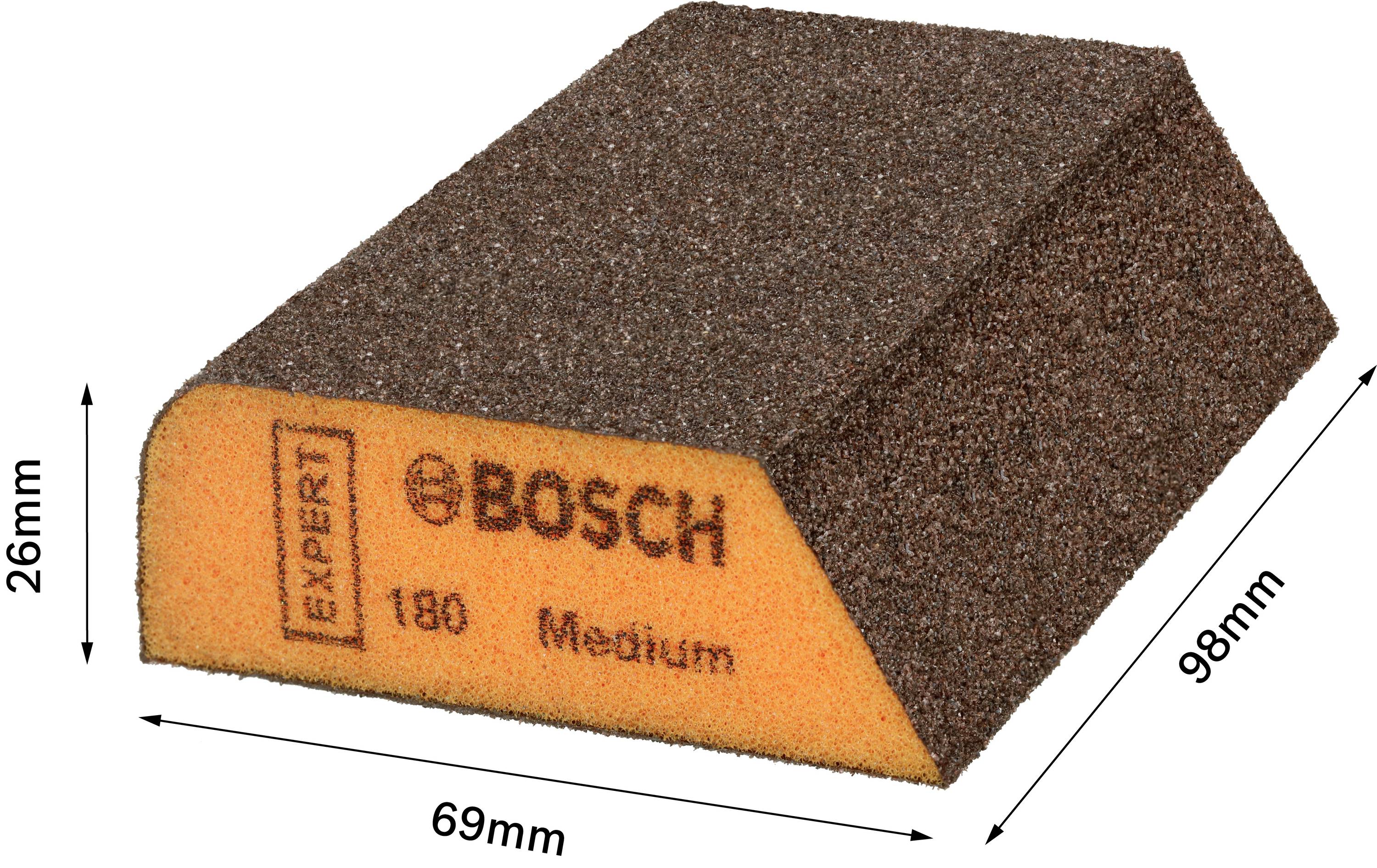 Éponge abrasive 'Bosch', forme trapézoïdale, dimensions : 26 mm x 69 mm x 98 mm, grain 180 'Medium', pour travaux de ponçage flexibles.