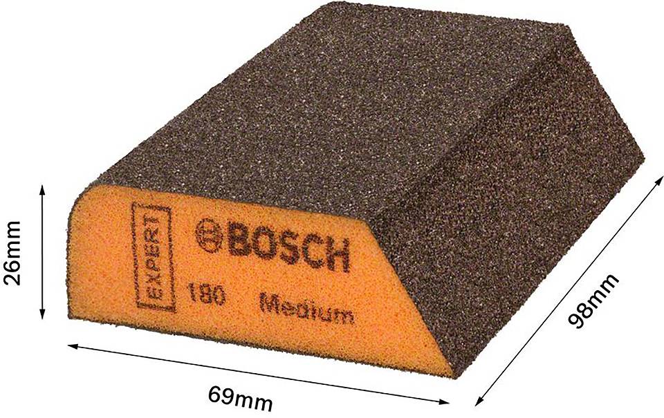 Éponge abrasive de forme trapézoïdale avec les dimensions suivantes : 69 mm de largeur, 98 mm de longueur, 26 mm de hauteur. Impression : 'EXPERT BOSCH 180 Medium'.