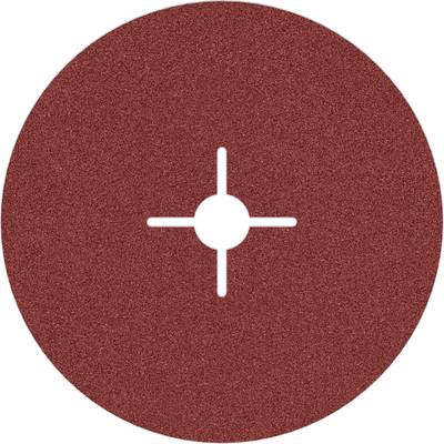 Disque abrasif rond avec un grain rouge, marqué en son centre d'une croix et d'un cercle, adapté aux travaux de ponçage sur métal ou bois.