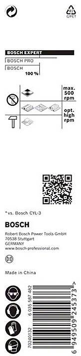 Voici l'étiquette avec le texte : 'Bosch Expert', 'BOSCH', vitesses de rotation maximales et optimales, code QR, et mention Fabriqué en Chine.