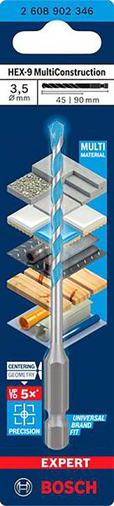 Foret 'BOSCH Expert' 3,5 mm pour béton, bois, métal et carrelage. HEX-9 MultiConstruction, foret en emballage.