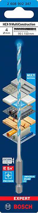 'Foret Hex-9 MultiConstruction' de Bosch présenté. Adapté pour le béton, le bois, le métal et plus. Diamètre 4 mm, longueur 50/110 mm.
