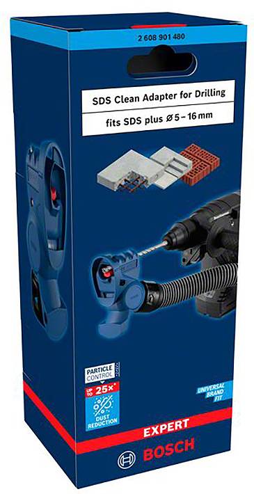 Emballage d'un adaptateur de nettoyage Bosch SDS pour perçages, compatible avec SDS plus Ø 5–16 mm. Présente l'adaptateur et son scénario d'utilisation.
