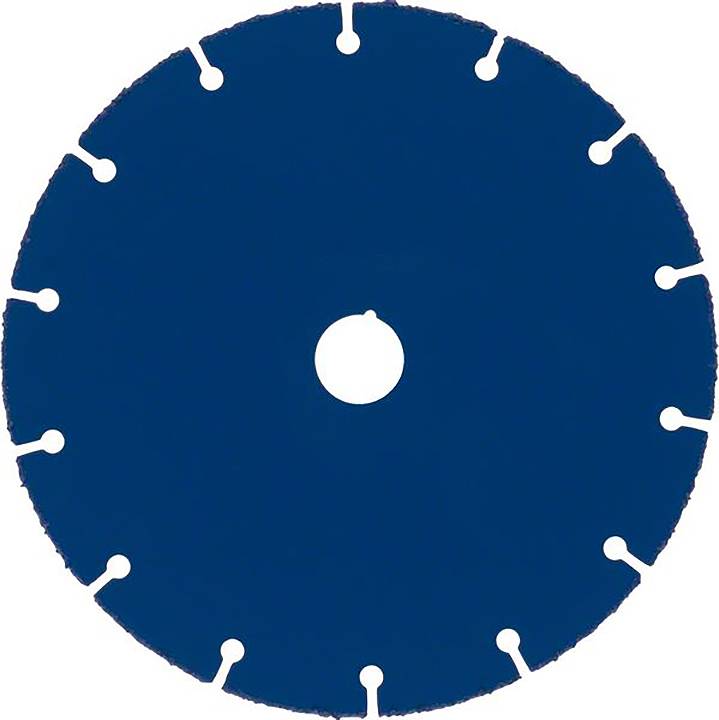 Lame de scie circulaire bleue avec des dents et un trou central, utilisée pour couper des matériaux dans des projets de construction ou de bricolage.