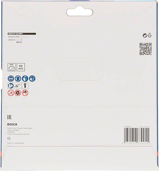 'Emballage de Bosch Expert. Les détails du produit et les consignes de sécurité sont imprimés, accompagnés de pictogrammes et de code-barres.'