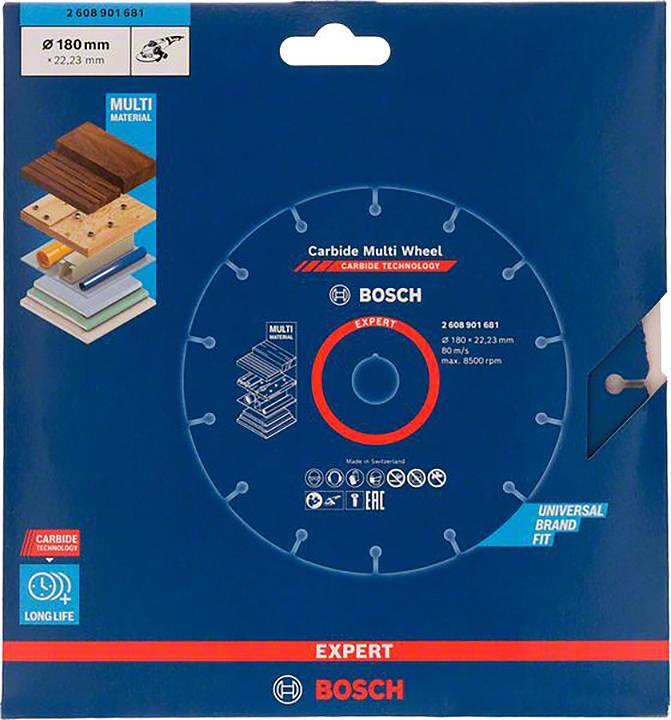 Disque de coupe 'Bosch Expert' pour multi-matériaux, diamètre 180 mm. Adapté pour le bois, le plastique et la construction sèche.