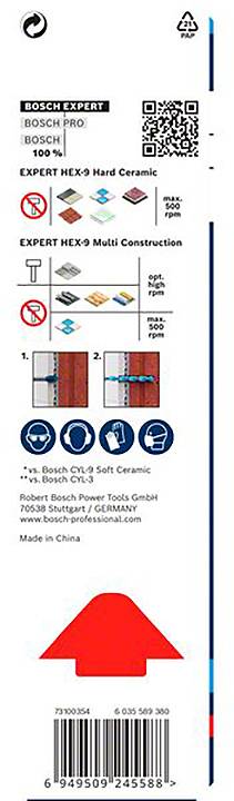Emballage pour foret Bosch Expert Hex-9, adapté aux céramiques dures et aux constructions multifonctionnelles. Présente des symboles d'application et de compatibilité.