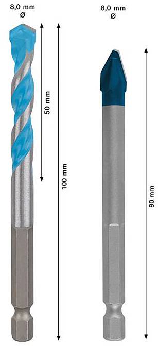Deux forages : à gauche un foret hélicoïdal de 8 mm x 100 mm ; à droite un foret à pointe de 8 mm x 90 mm. Les deux forages sont gris avec des pointes bleues.