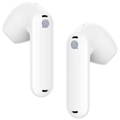 Deux écouteurs sans fil blancs, ergonomiques, positionnés côte à côte.