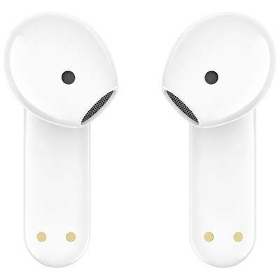 Écouteurs sans fil blancs, au design minimaliste, avec des bords arrondis. Caractéristique principale : ajustement ergonomique pour le confort.