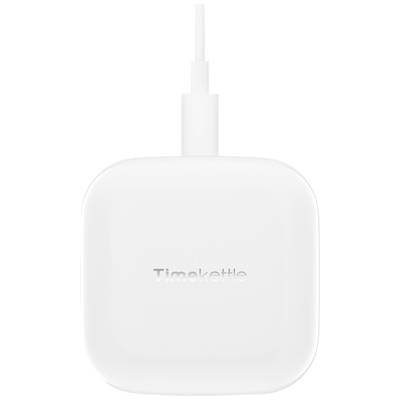 Chargeur rectangulaire blanc aux coins arrondis, portant le logo 'Timekettle' en relief, avec un câble de charge connecté sur le dessus.