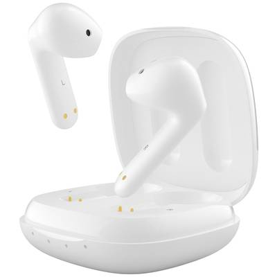 Des écouteurs blancs sans fil dans un étui de chargement ouvert. Un écouteur flotte au-dessus de l'étui, tandis que l'autre est placé à l'intérieur.