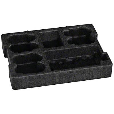 Un insert en mousse noir avec plusieurs cavités rectangulaires et ovales pour le rangement sécurisé d'objets.