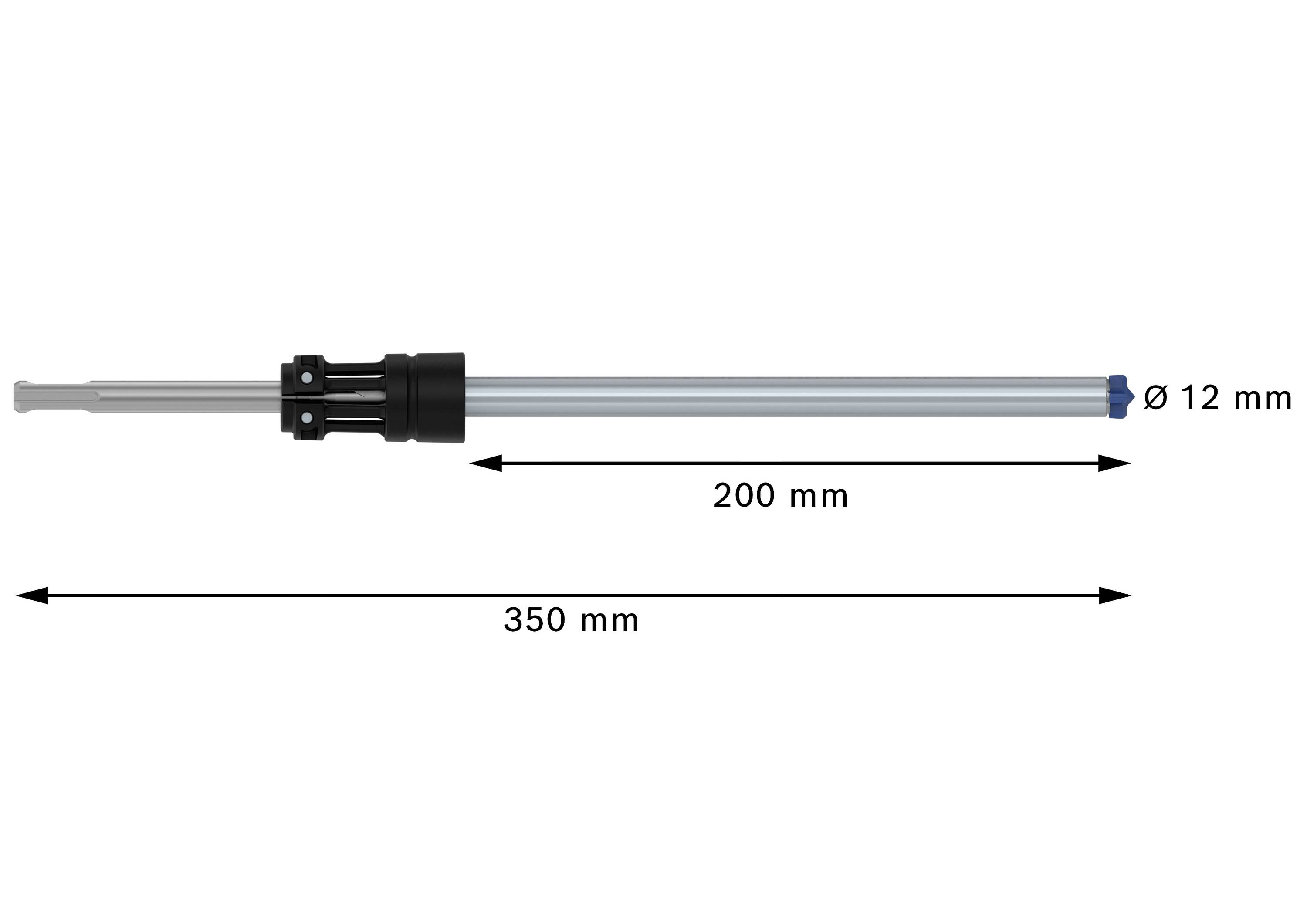 'Objet cylindrique avec un diamètre de 12 mm et une longueur totale de 350 mm, dont 200 mm sont rétractables.'