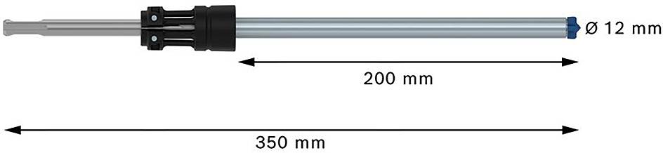 Une tige métallique cylindrique d'un diamètre de 12 mm et d'une longueur visible de 200 mm ; longueur totale 350 mm.