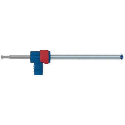 Un moteur de barrière bleu et rouge avec une poignée striée et une longue tige argentée alignée horizontalement.