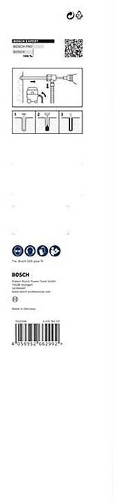 Dos de l'emballage d'un produit Bosch avec des illustrations d'utilisation, code-barres et informations du fabricant.