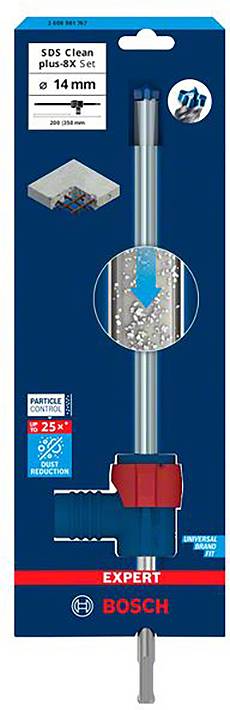 Emballage d'un foret Bosch : 'SDS Clean plus 8X Set, 14 mm'. Illustration du foret et de particules de poussière. Mention '25% plus efficace'.
