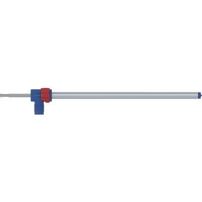 Un long cylindre métallique de vérin pneumatique avec une extrémité rouge et une extrémité bleue.