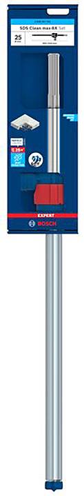 Emballage d'un perceuse magnétique Bosch avec une poignée rouge. Contient des accessoires et a un fond bleu.