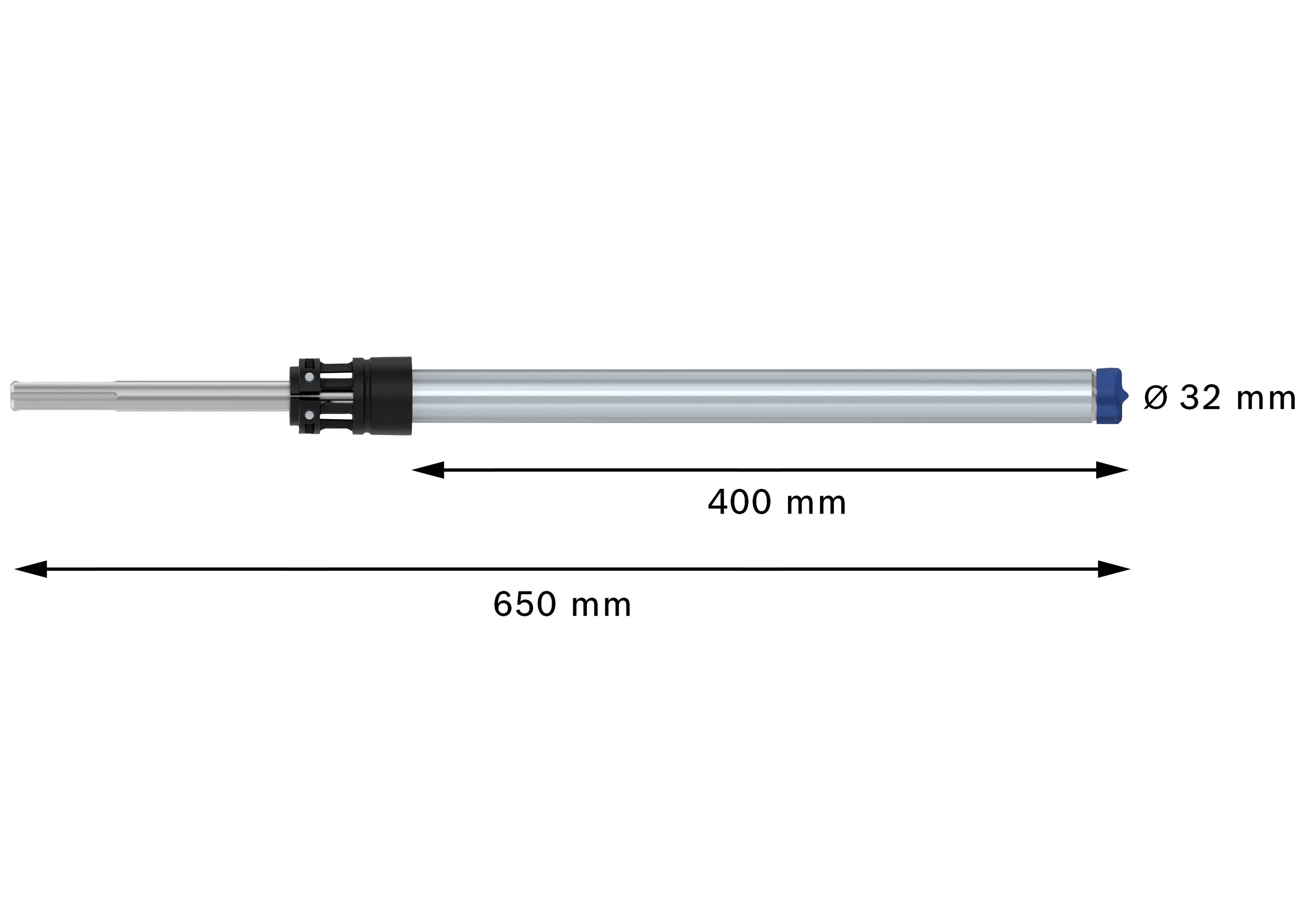 Un moteur cylindrique long avec un diamètre de 32 mm et une longueur totale de 650 mm, doté d'une zone d'extraction de 400 mm.