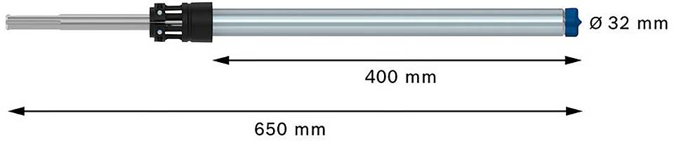Cylindre d'un diamètre de 32 mm, d'une longueur de 650 mm, dont 400 mm sont représentés comme extensibles.