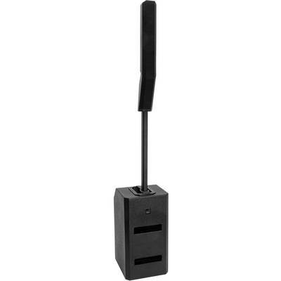 Enceinte noire sur socle rectangulaire, au design vertical et élancé, conçue pour une sonorisation optimale dans les grands espaces.