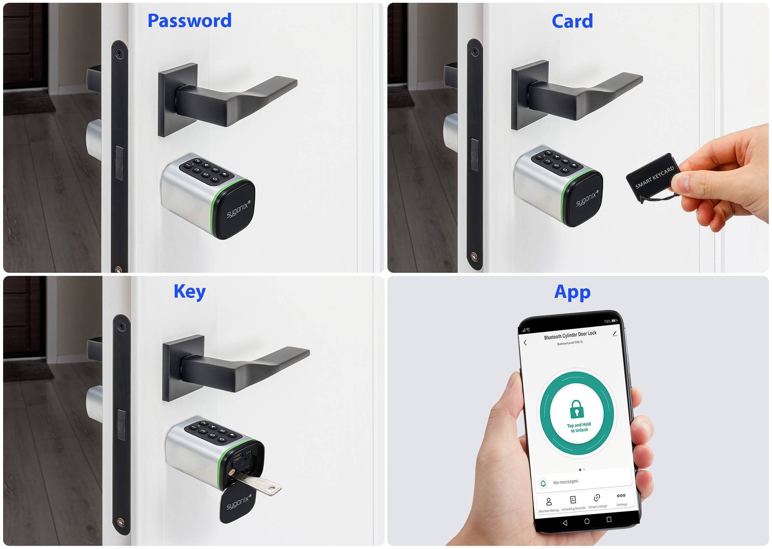Une serrure de porte présente quatre méthodes de déverrouillage : mot de passe, carte, clé et application. Des mains démontrent l'utilisation de chaque méthode.
