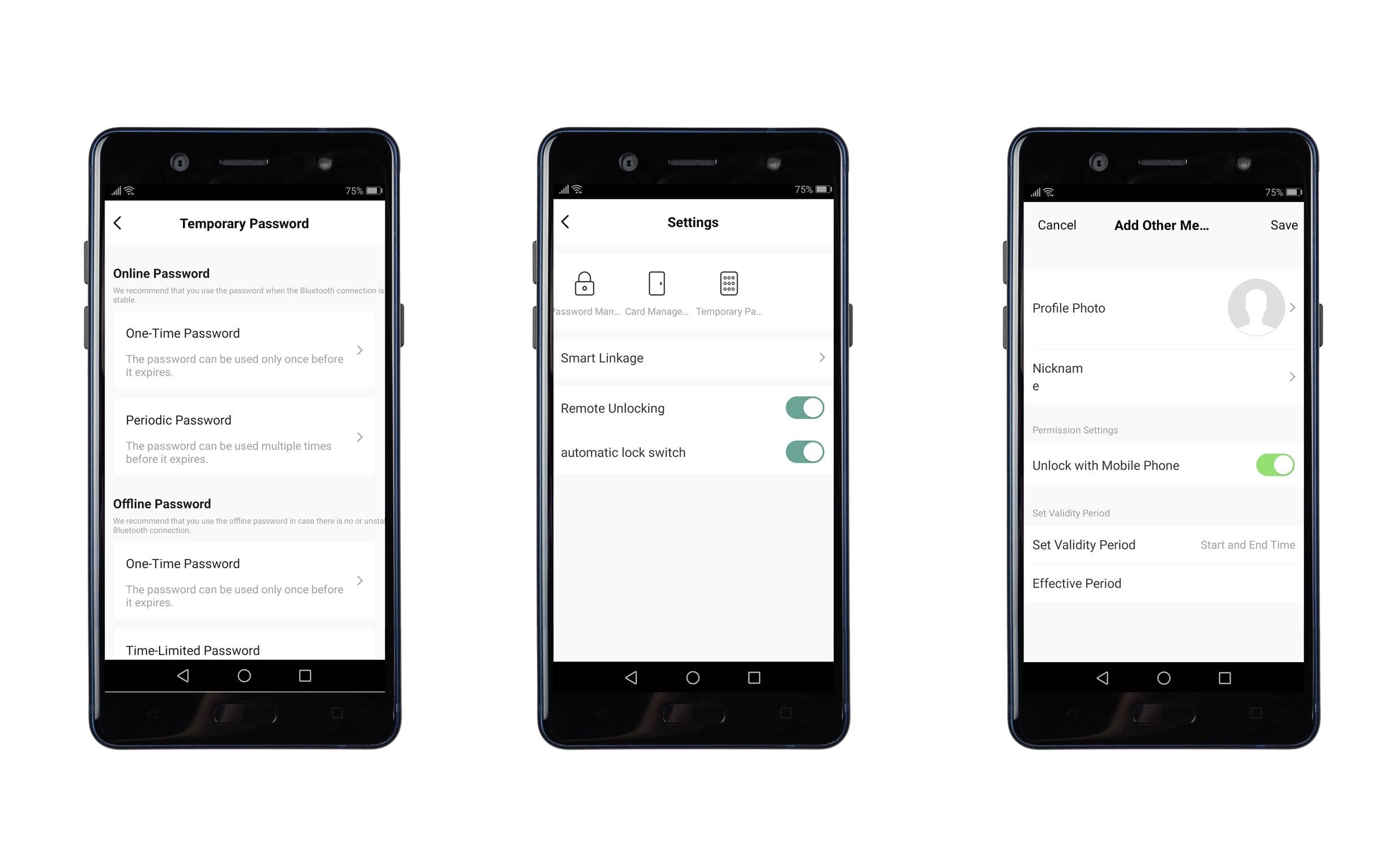 'Trois écrans de smartphone affichent les paramètres de mots de passe temporaires, de raccourcis intelligents et de personnalisation de profil utilisateur.'