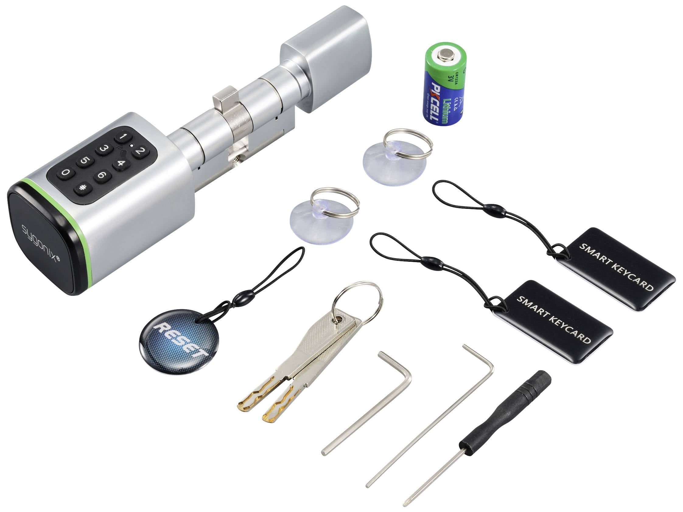 Serrure électronique à clavier, deux cartes intelligentes, deux clés, aimant de réinitialisation, batterie et outils d'installation.
