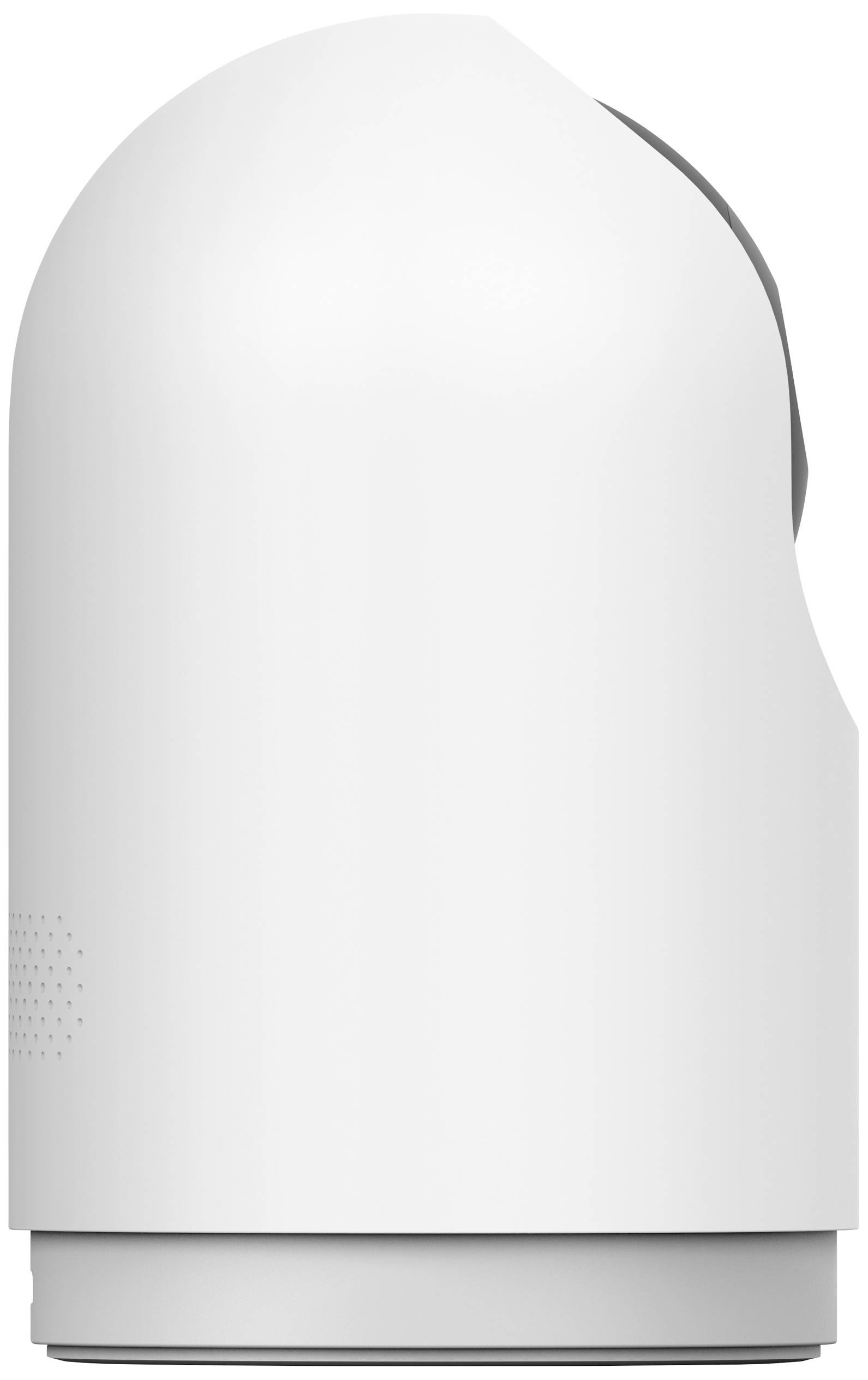 Caméra de sécurité blanche, sphérique, avec un design lisse et un look minimaliste, vue de côté.