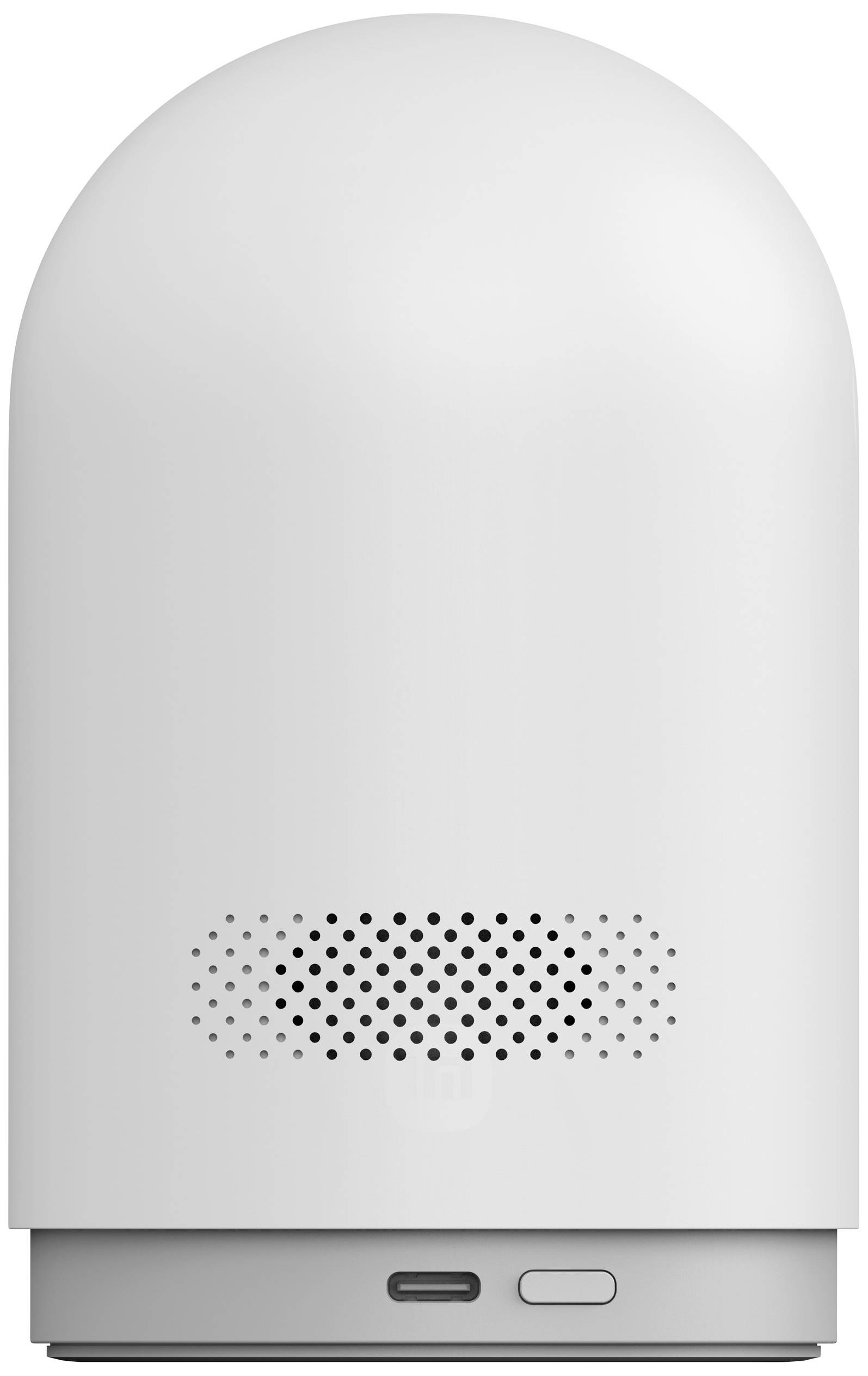 Haut-parleur intelligent blanc cylindrique, avec vue sur la grille du haut-parleur et port USB en bas.