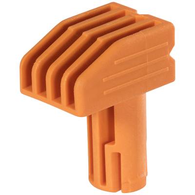 Une pièce en plastique orange comportant plusieurs fentes latérales, probablement un élément d'un système d'emboîtement ou d'un outil.