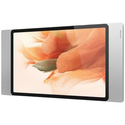 Une tablette avec un fond d'écran floral de couleur orange, encadrée par de fins haut-parleurs gris.