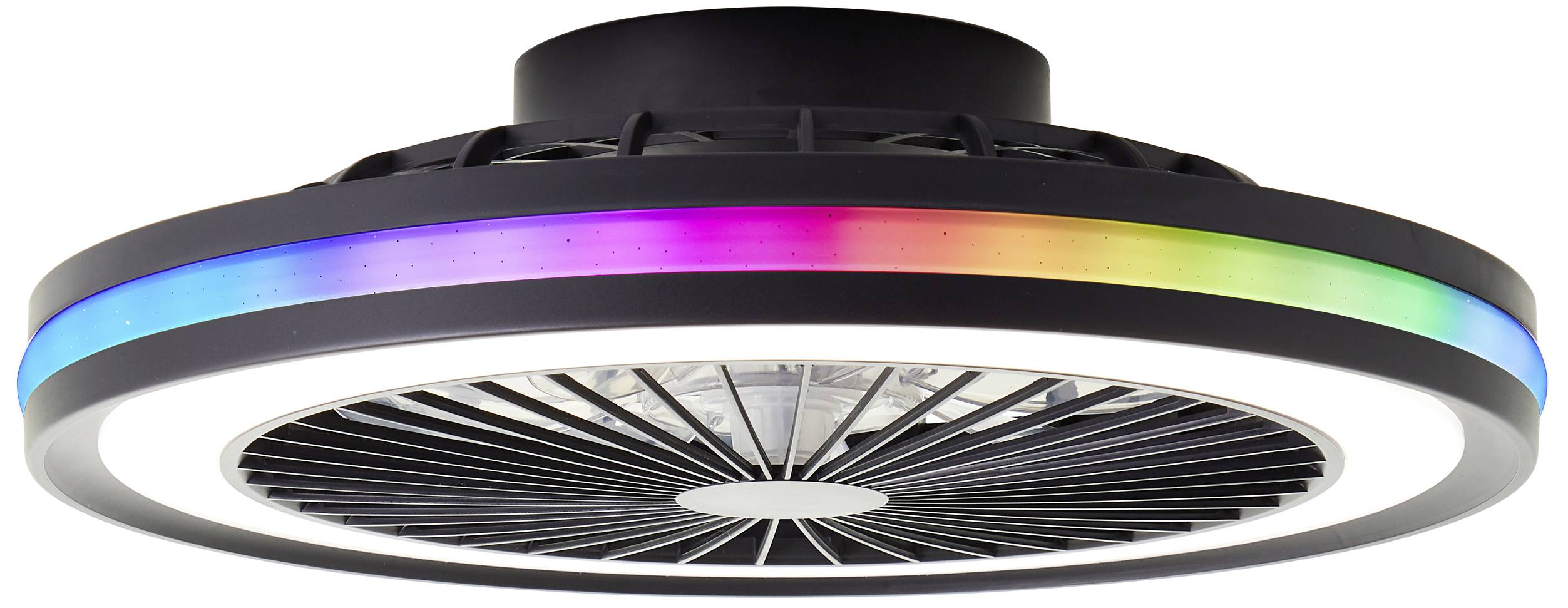 Ventilateur de plafond avec lampes LED, noir, doté d'un anneau lumineux multicolore affichant les couleurs bleu, violet, rose et vert.