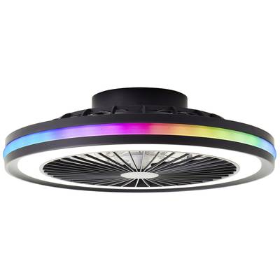 Ventilateur de plafond avec lampes LED, noir, doté d'un anneau lumineux multicolore affichant les couleurs bleu, violet, rose et vert.