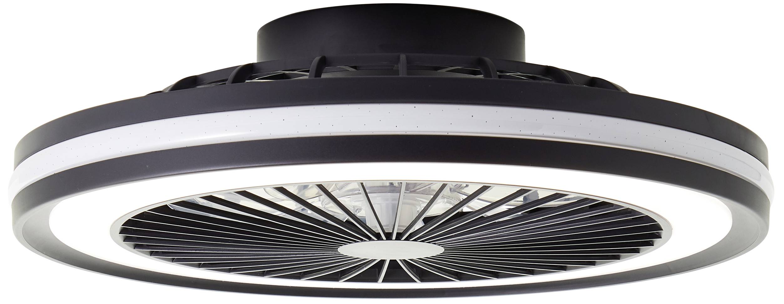 Plafonnier rond avec ventilateur intégré, design moderne et bordure noire, diffusant une lumière vive.