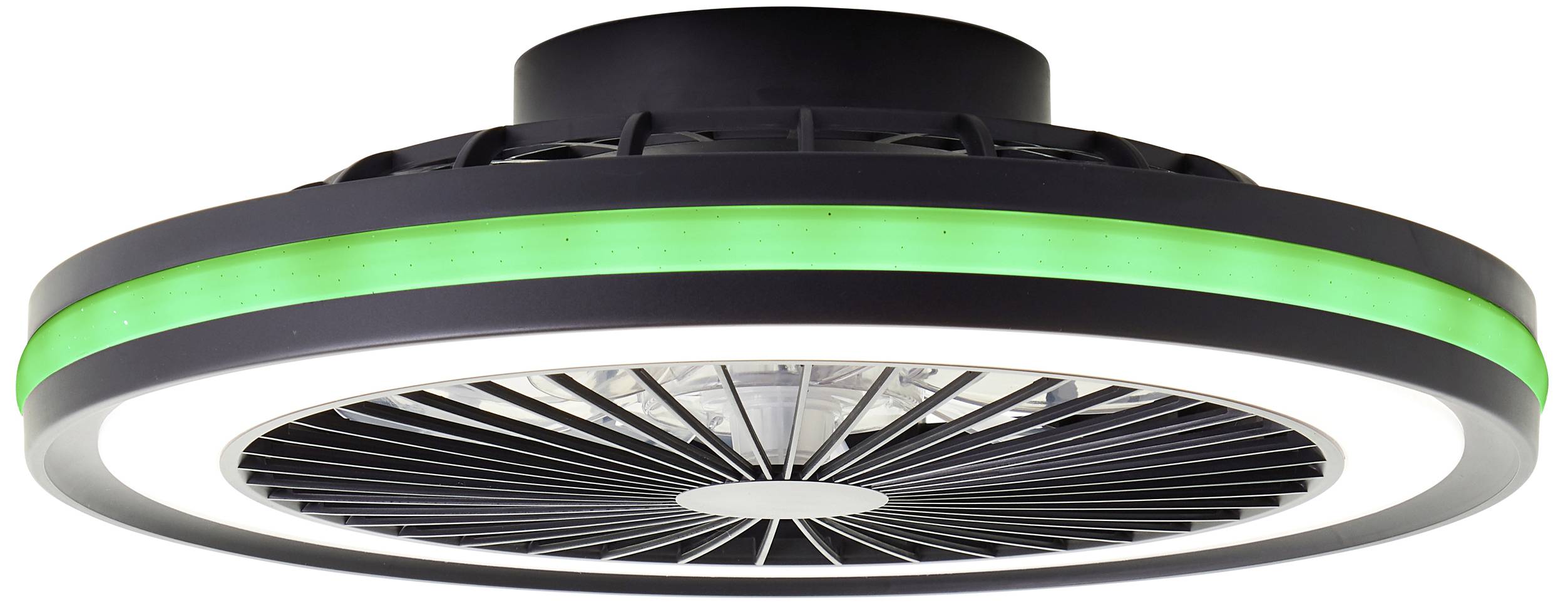 Un ventilateur de plafond moderne avec une bande lumineuse verte et un design de pale aérodynamique.