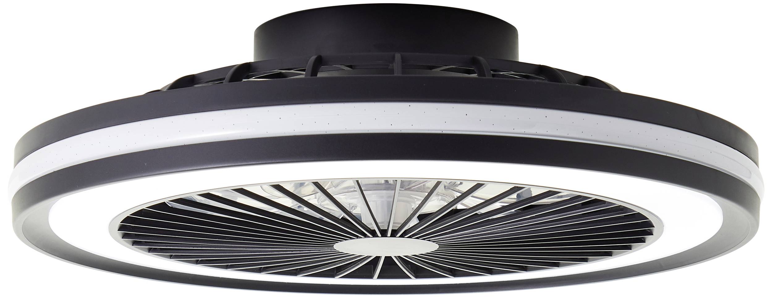 Un ventilateur de plafond blanc, rond, avec un éclairage LED intégré. Le design est moderne et minimaliste.