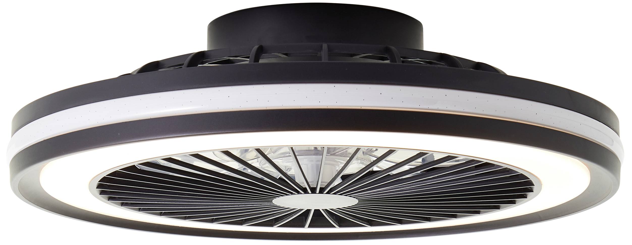 Ventilateur de plafond noir avec lumière LED blanche intégrée, design moderne et pales de ventilateur en forme d'anneau.