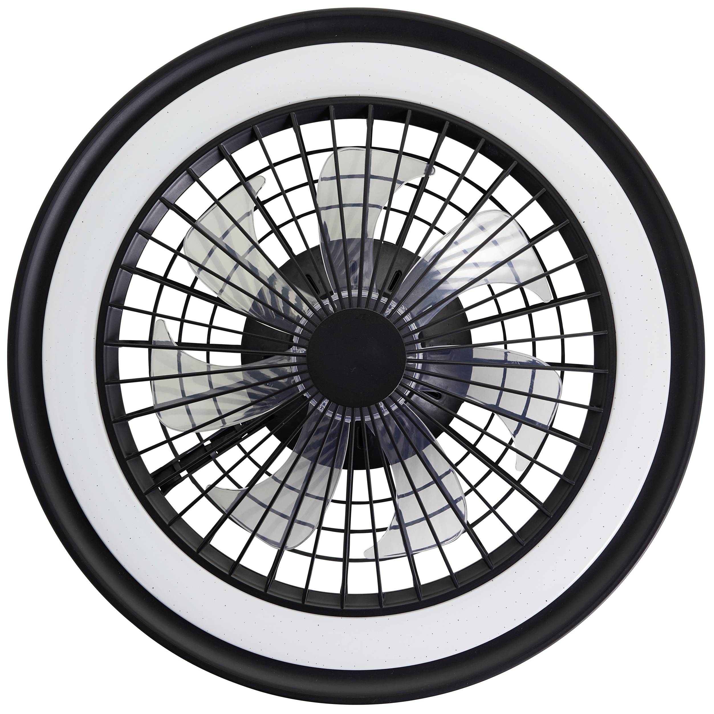 Ventilateur rond avec grille noire et pales transparentes, photographié d'un point de vue aérien.