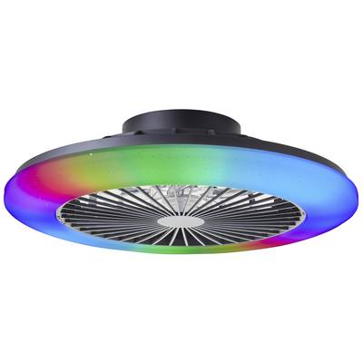 Ventilateur de plafond avec des lumières LED colorées dans un design circulaire. Les LED émettent des couleurs arc-en-ciel, les pales sont noires.