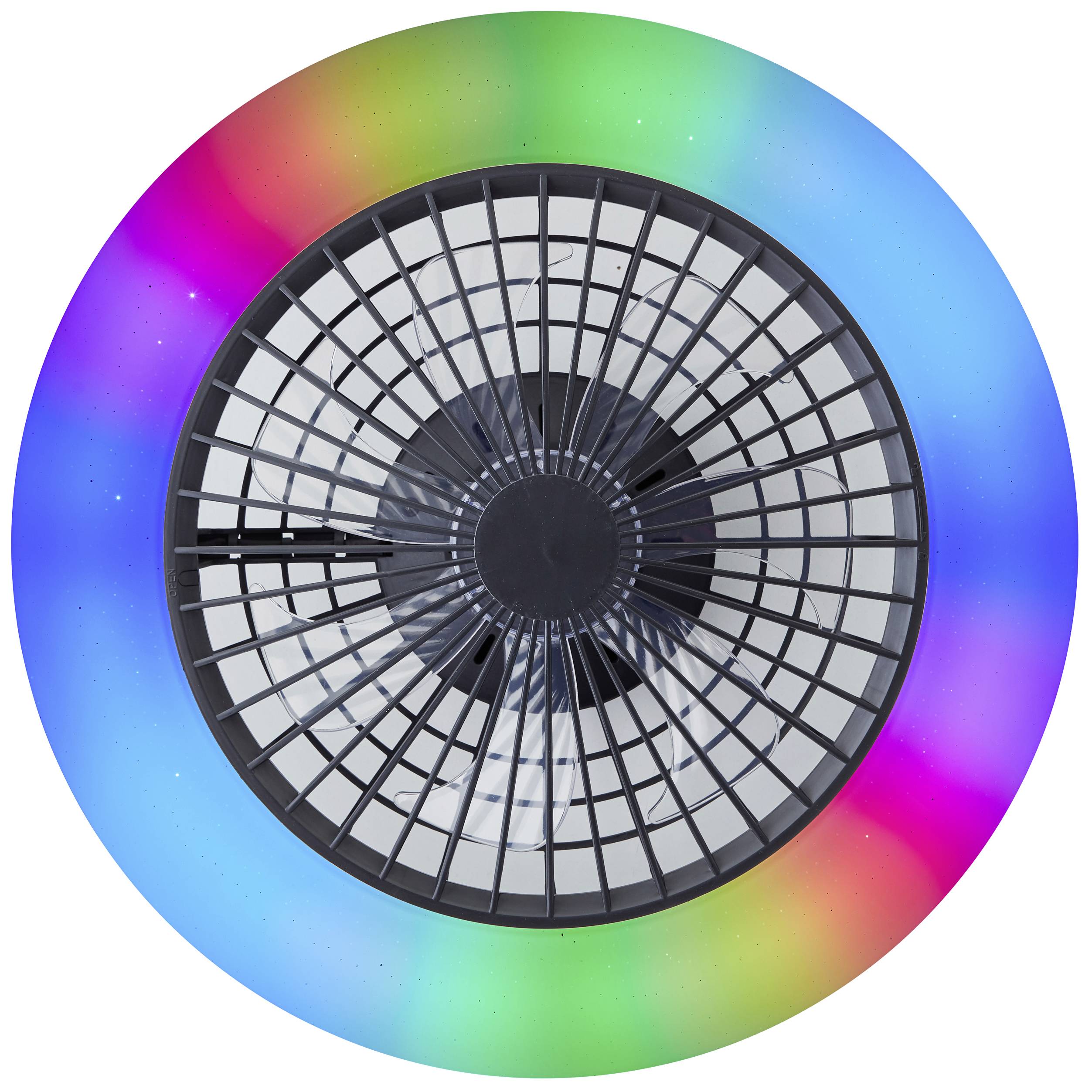 Ventilateur avec anneau lumineux LED coloré ; les couleurs passent du rouge au bleu et au vert. Vue de dessus, montrant la grille et les pales rotatives.