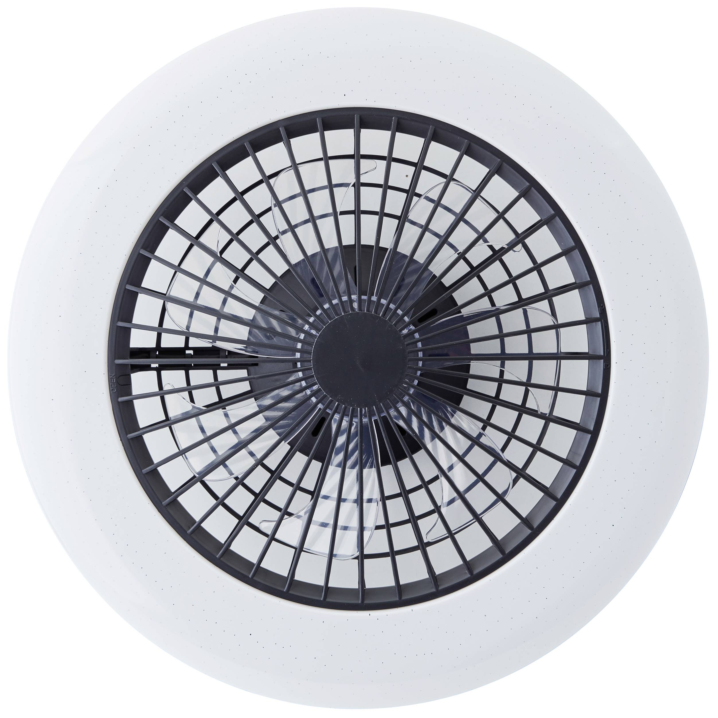 Un ventilateur rond blanc avec une grille noire, placé au centre, photographié du point de vue d'un oiseau.